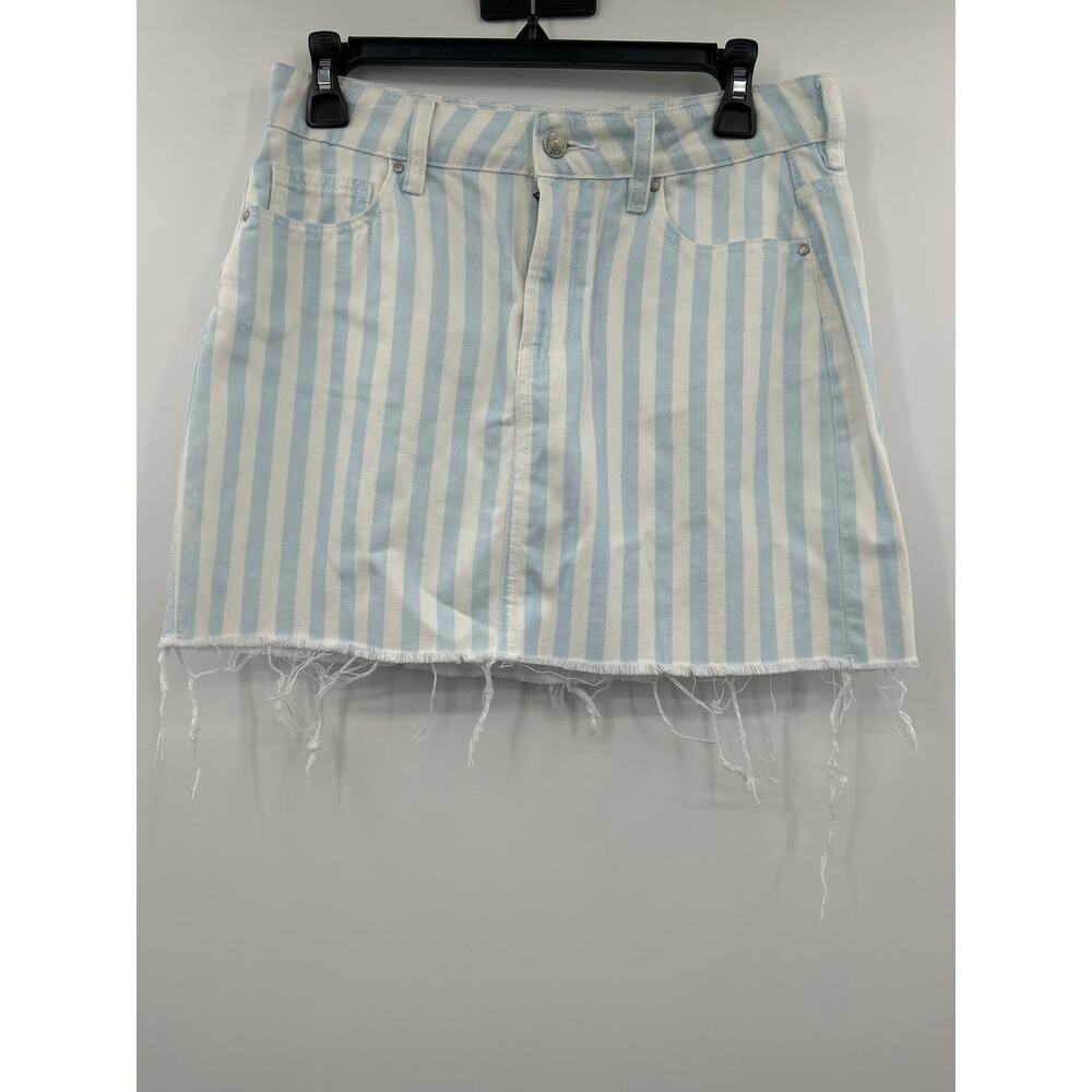 PacSun Striped Denim Mini Skirt Size 27 Blue White 100% Cotton Raw Hem Beachy